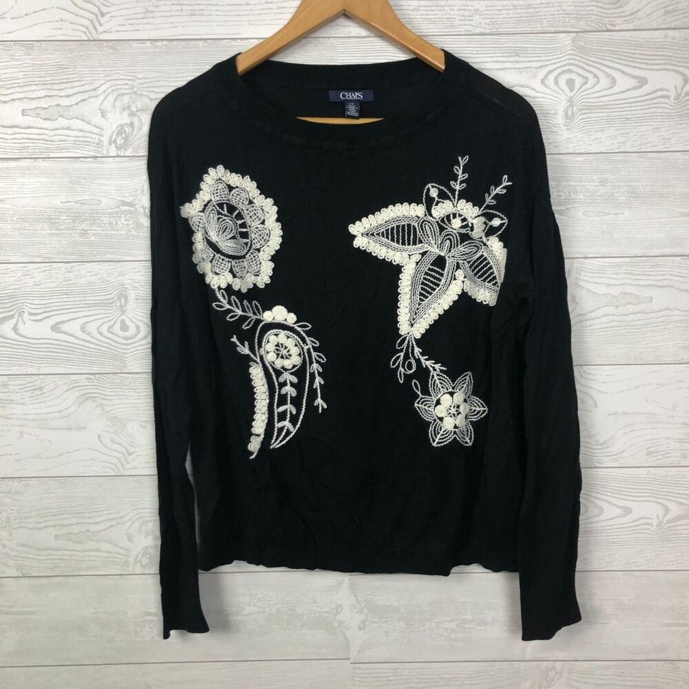 Chaps Women's Large Embroidered Front Long Sleeve Pullover Sweater Black White